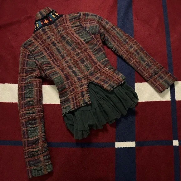 Anthropologie Sparrow Plaid Cascading Tule Wrap Sweater Wool